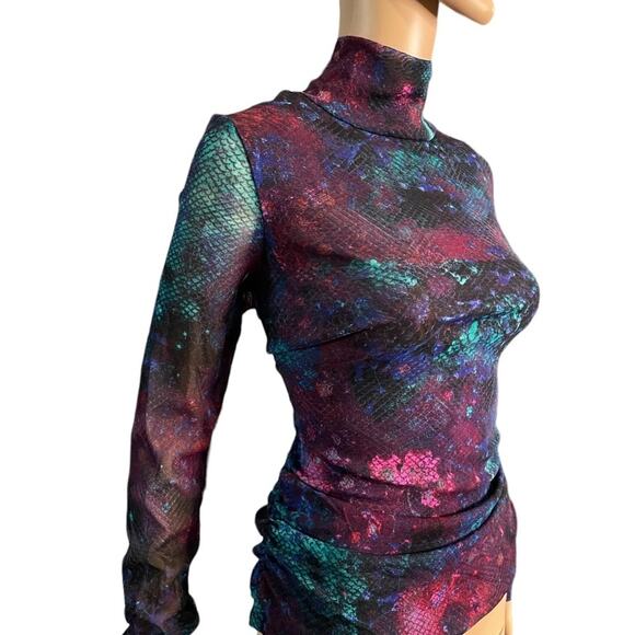 INC Sheer TOP Womens L Petite Purple Snakeskin Pattern Long Sleeve Turtle Neck - Picture 3 of 11